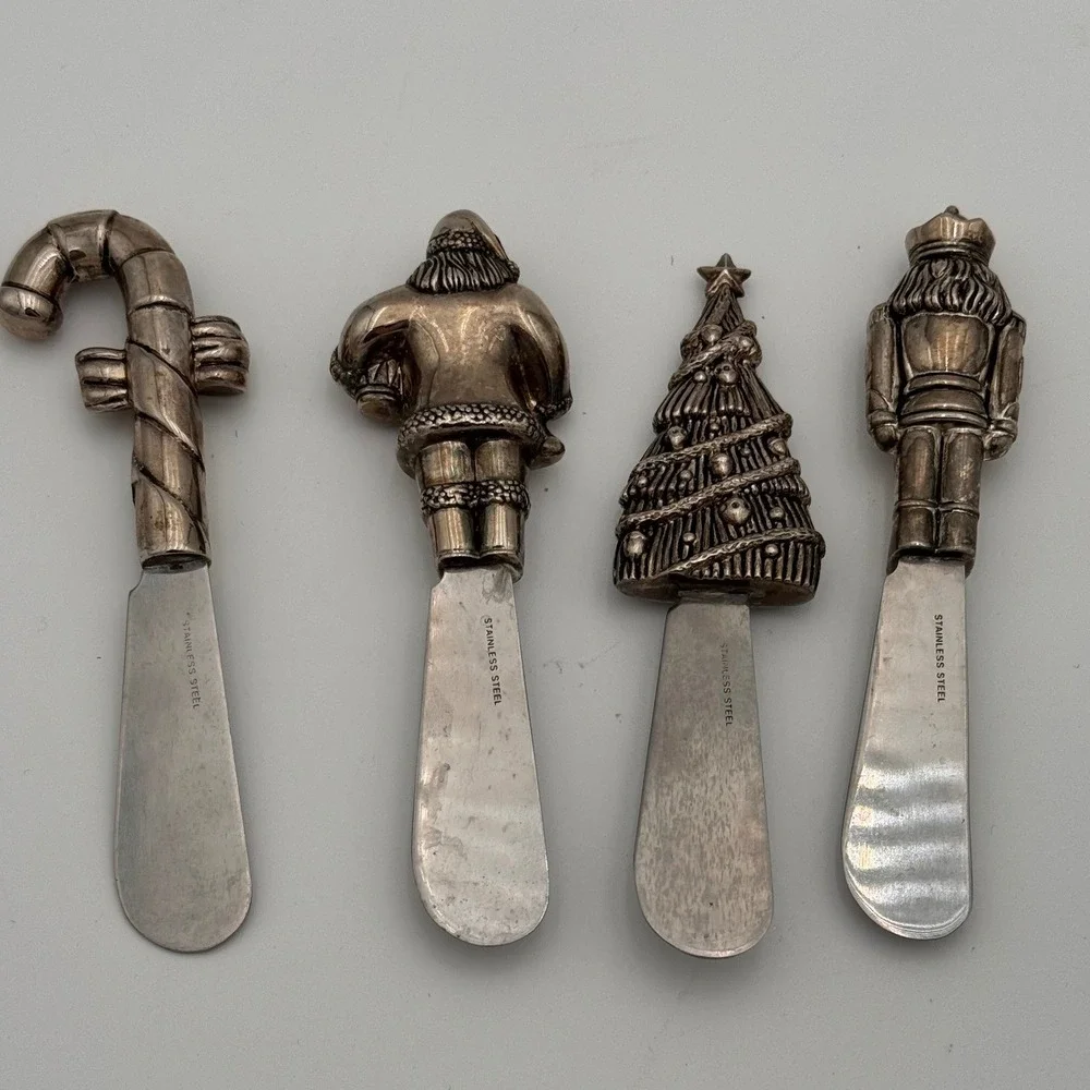 Christmas Holiday Cheese Spreader Set 4 Santa Nutcracker Tree Candy‎ Cane Silver